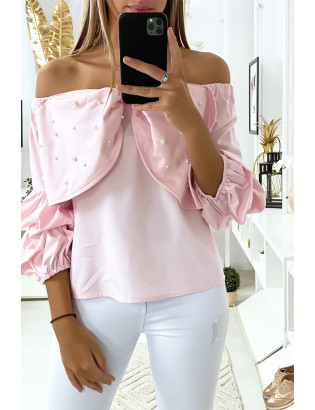 Blouse rose avec papillons ornée de strass à l'avant - 1