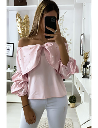 Blouse rose avec papillons ornée de strass à l'avant - 3