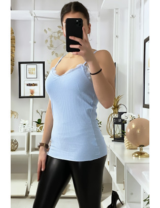 Débardeur turquoise côtelé avec dentelle au buste et au dos - 3