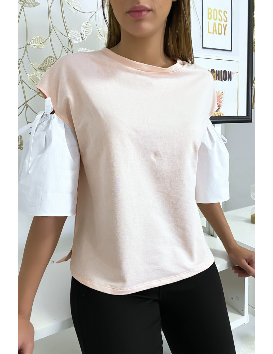 Haut rose bi-matière avec manche bouffante dénudé - 2