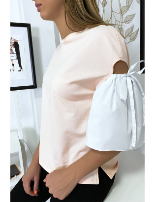 Haut rose bi-matière avec manche bouffante dénudé - 3