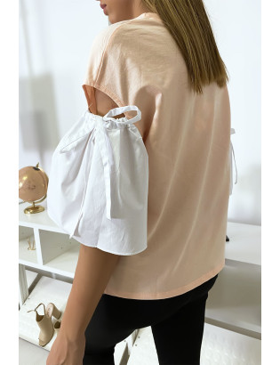 Haut rose bi-matière avec manche bouffante dénudé - 4