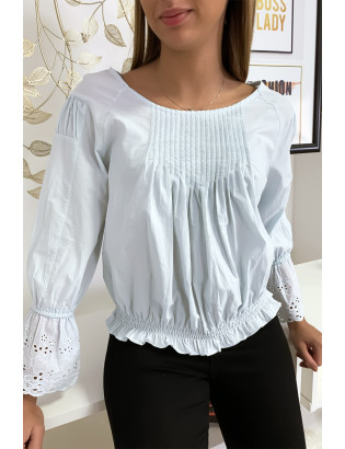 Blouse bleu plissé au buste avec volant en dentelle aux manches - 1