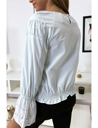 Blouse bleu plissé au buste avec volant en dentelle aux manches - 3
