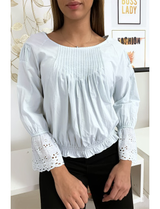 Blouse bleu plissé au buste avec volant en dentelle aux manches - 4