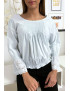 Blouse bleu plissé au buste avec volant en dentelle aux manches - 4