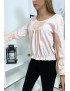 Blouse rose plissé au buste avec volant en dentelle aux manches - 1