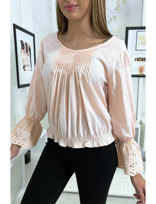 Blouse rose plissé au buste avec volant en dentelle aux manches - 2