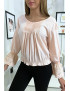 Blouse rose plissé au buste avec volant en dentelle aux manches - 2
