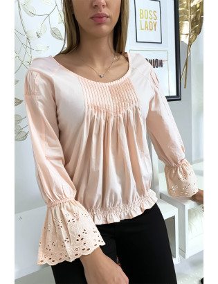 Blouse rose plissé au buste avec volant en dentelle aux manches - 4