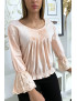 Blouse rose plissé au buste avec volant en dentelle aux manches - 4