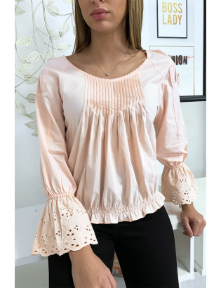 Blouse rose plissé au buste avec volant en dentelle aux manches - 5
