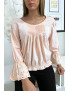 Blouse rose plissé au buste avec volant en dentelle aux manches - 5