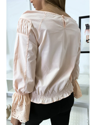 Blouse rose plissé au buste avec volant en dentelle aux manches - 6