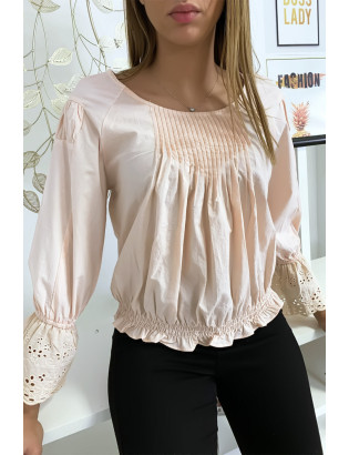 Blouse rose plissé au buste avec volant en dentelle aux manches - 7