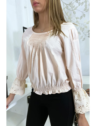 Blouse rose plissé au buste avec volant en dentelle aux manches - 8