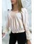 Blouse rose plissé au buste avec volant en dentelle aux manches - 8