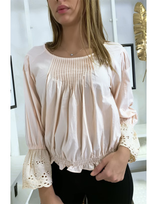 Blouse rose plissé au buste avec volant en dentelle aux manches - 9