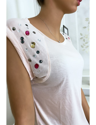 Tee shirt rose avec strass aux épaules - 4