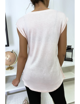 Tee shirt rose avec strass aux épaules - 5