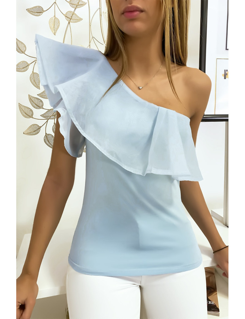 Haut croisé avec volant en turquoise - 3