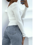 Crop top blanc côtelé à col bardot et manches longues - 1