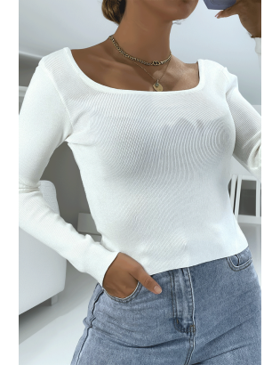 Crop top blanc côtelé à col bardot et manches longues - 2