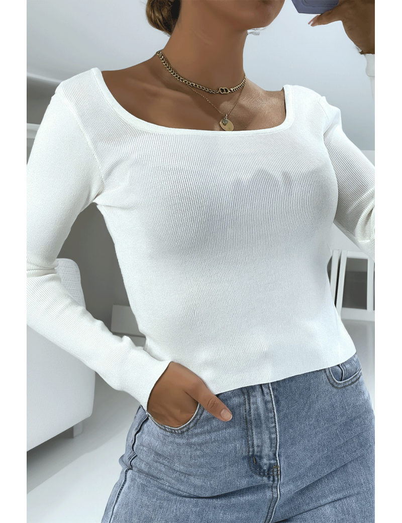 Crop top blanc côtelé à col bardot et manches longues - 2