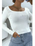 Crop top blanc côtelé à col bardot et manches longues - 2