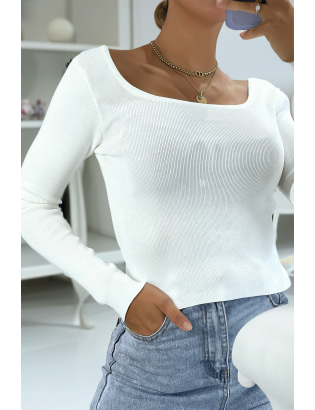 Crop top blanc côtelé à col bardot et manches longues - 3