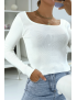Crop top blanc côtelé à col bardot et manches longues - 3