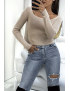 Crop top beige côtelé à col bardot et manches longues - 1