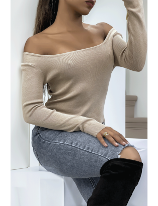 Crop top beige côtelé à col bardot et manches longues - 3
