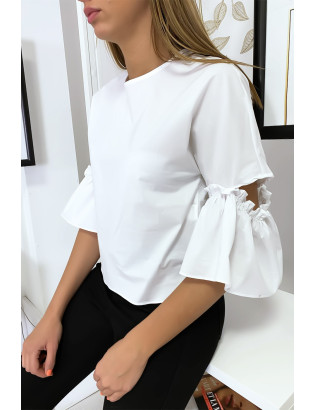 Blouse blanche manches volantes avec joli petit noeud - 3