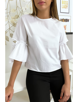Blouse blanche manches volantes avec joli petit noeud - 4
