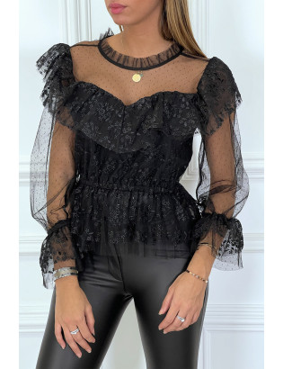 Blouse noire en dentelle à volants et col haut et plumetis - 1