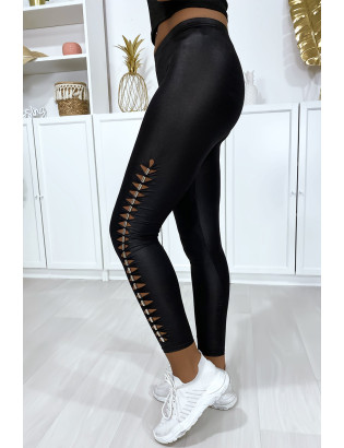 Legging noir brillant très extensible avec accessoire sur les cotés - 1