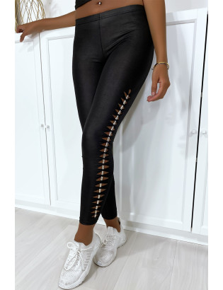 Legging noir brillant très extensible avec accessoire sur les cotés - 7
