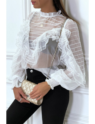 Blouse blanche en tulle avec broderie et volant - 3