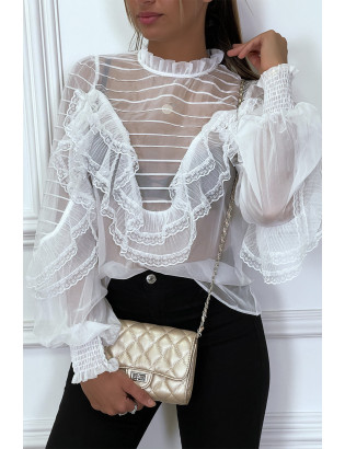 Blouse blanche en tulle avec broderie et volant - 4