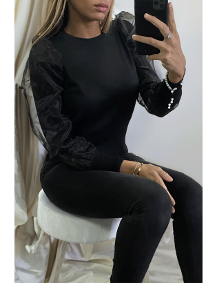 Pull noir à doublure bouffante sur les manches en tulle - 4