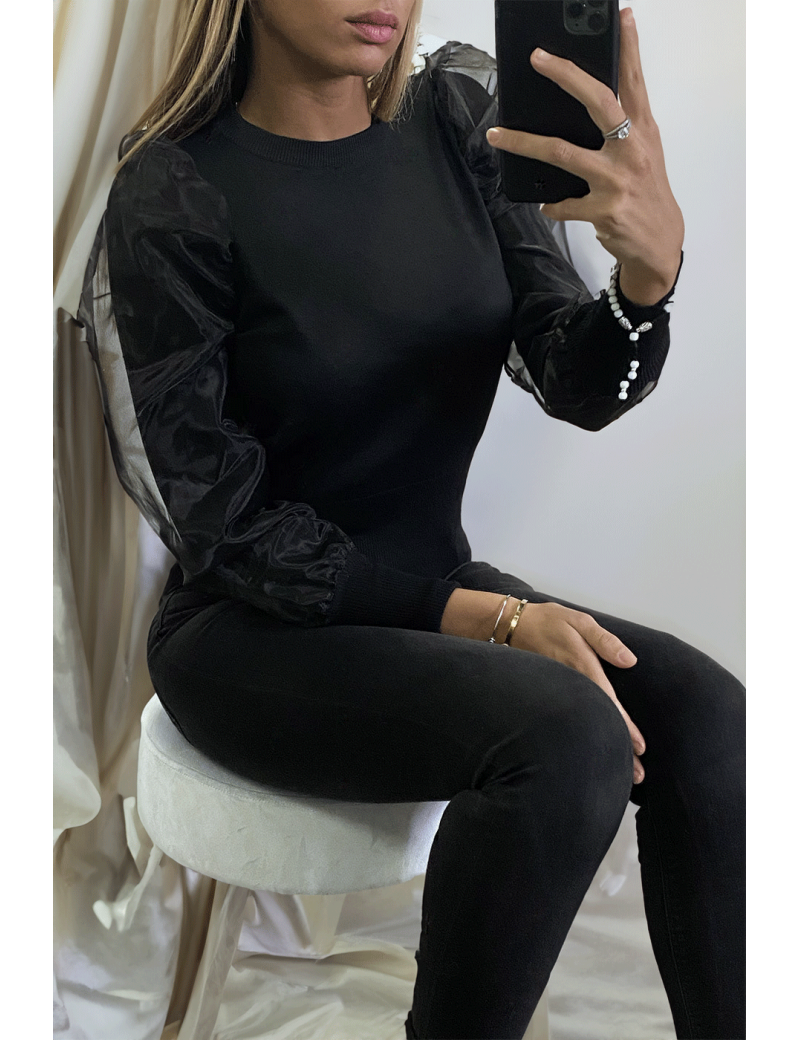 Pull noir à doublure bouffante sur les manches en tulle - 4