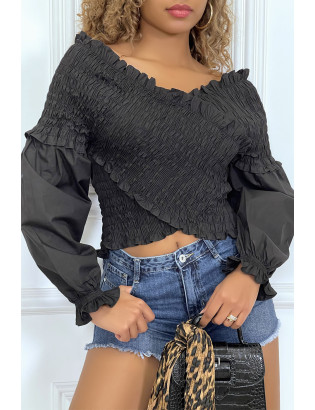 Blouse plissée noire, à manches longues bouffantes - 3