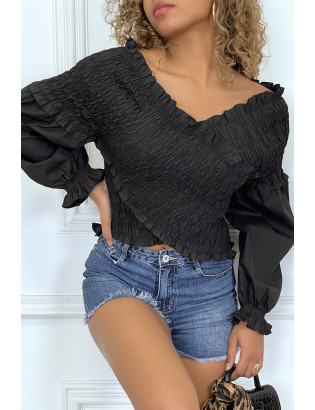 Blouse plissée noire, à manches longues bouffantes - 4