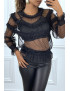 Blouse noire à tulle plumetis et dentelle en volants, à collerette - 1
