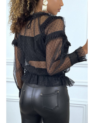 Blouse noire à tulle plumetis et dentelle en volants, à collerette - 3