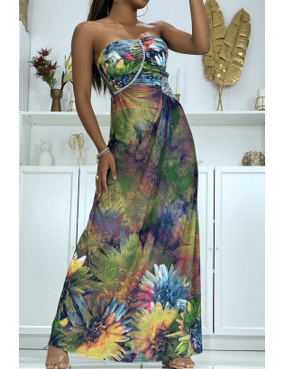Longue robe motif fleuris jaune avec strass et plis au buste - 1
