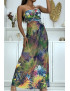 Longue robe motif fleuris jaune avec strass et plis au buste - 1