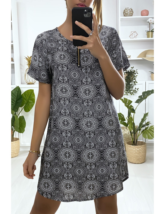 Robe tunique à à motif noir et blanc avec zip au col - 1