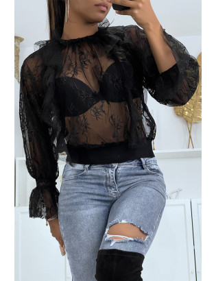 Blouse noire en tulle et dentelle à volant col fraise - 2